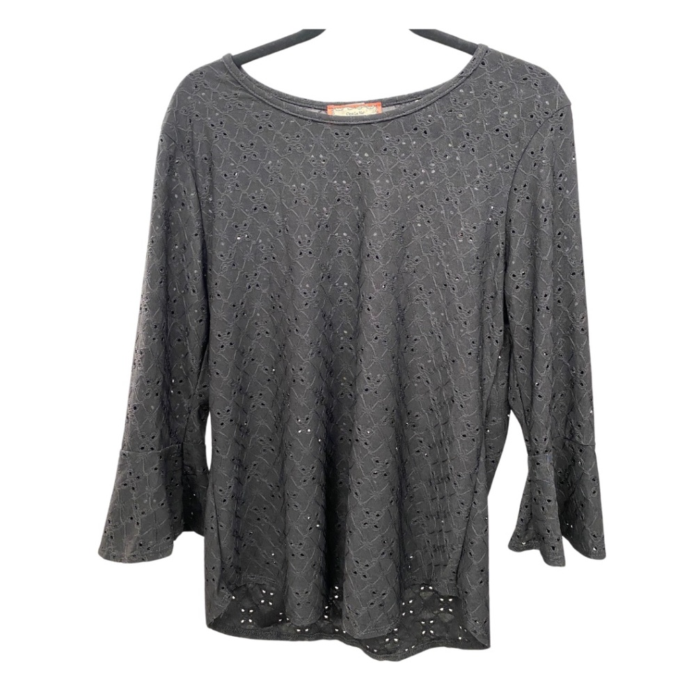 C’est La  Vie black blouse with small cutouts and one ruffle sleeve